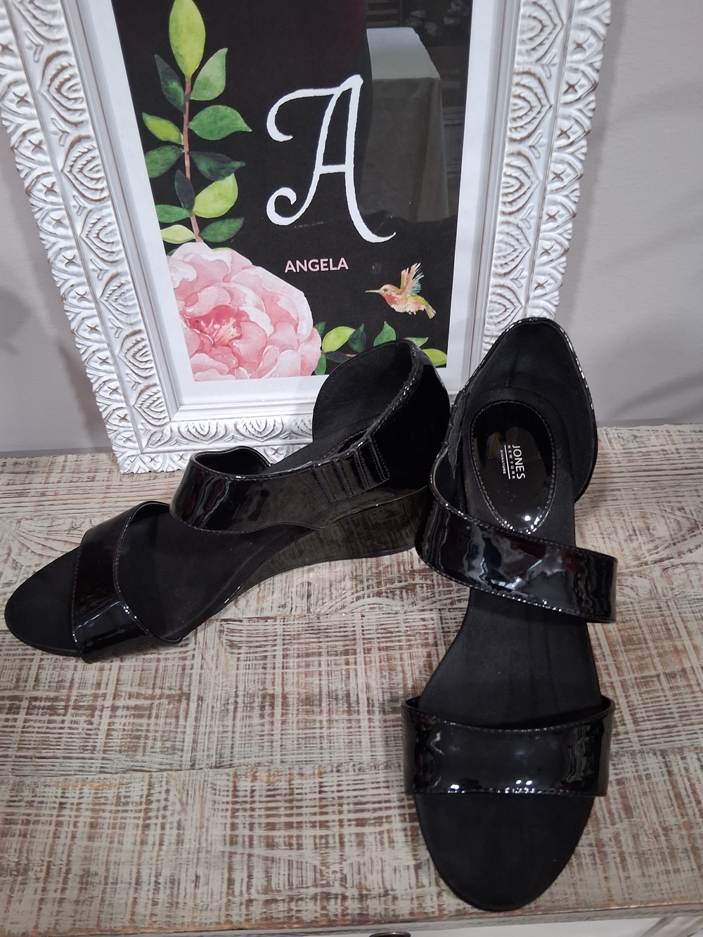 Jones New York Black Patent Wedge Sandals